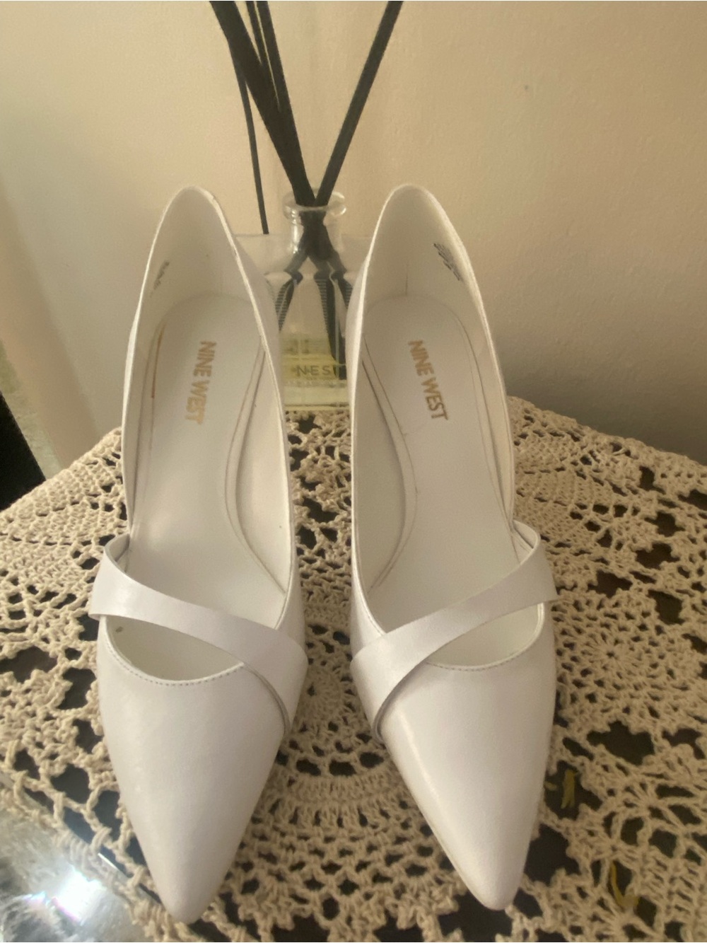 Nine West White Pointed-Toe Cross-Strap Pumps